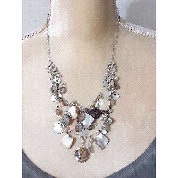 Delicate 3 strand floating faux pearl shells necklace beachy ocean 22" - Picture 1 of 3